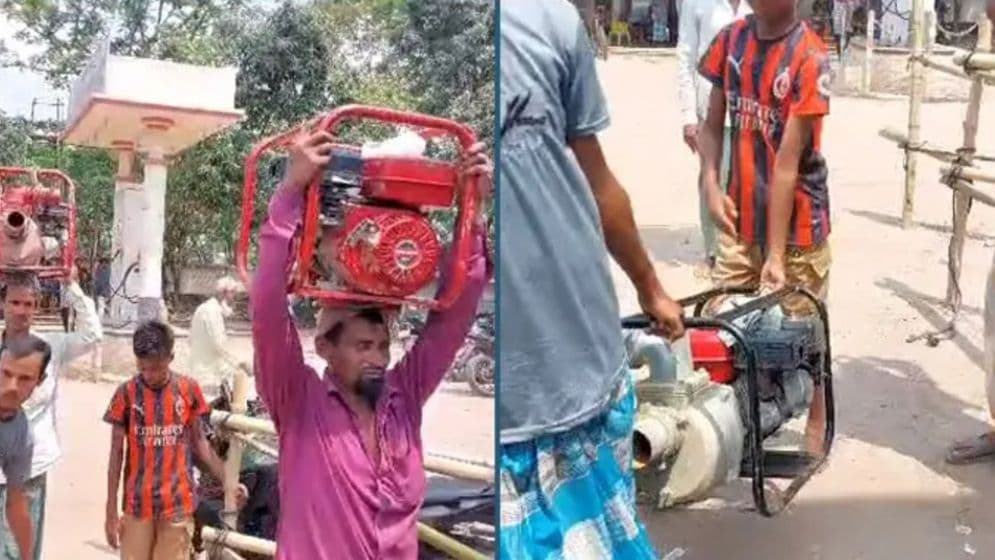 মেশিন মাথায় নিয়ে তেলপাম্পে কৃষকরা